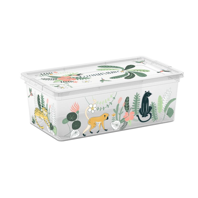 Durchsichtige Aufbewahrungsbox mit tropischem Design.