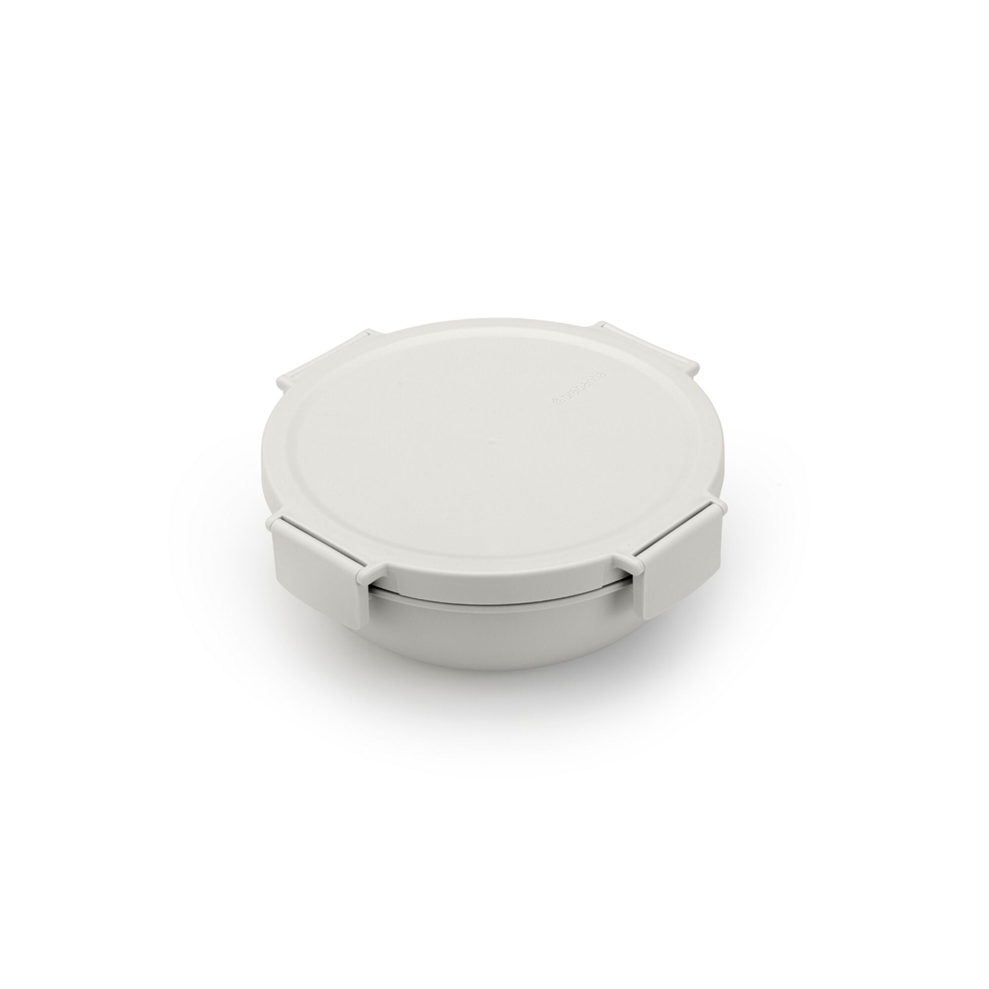 Hellgraue Salatschüssel mit Deckel.