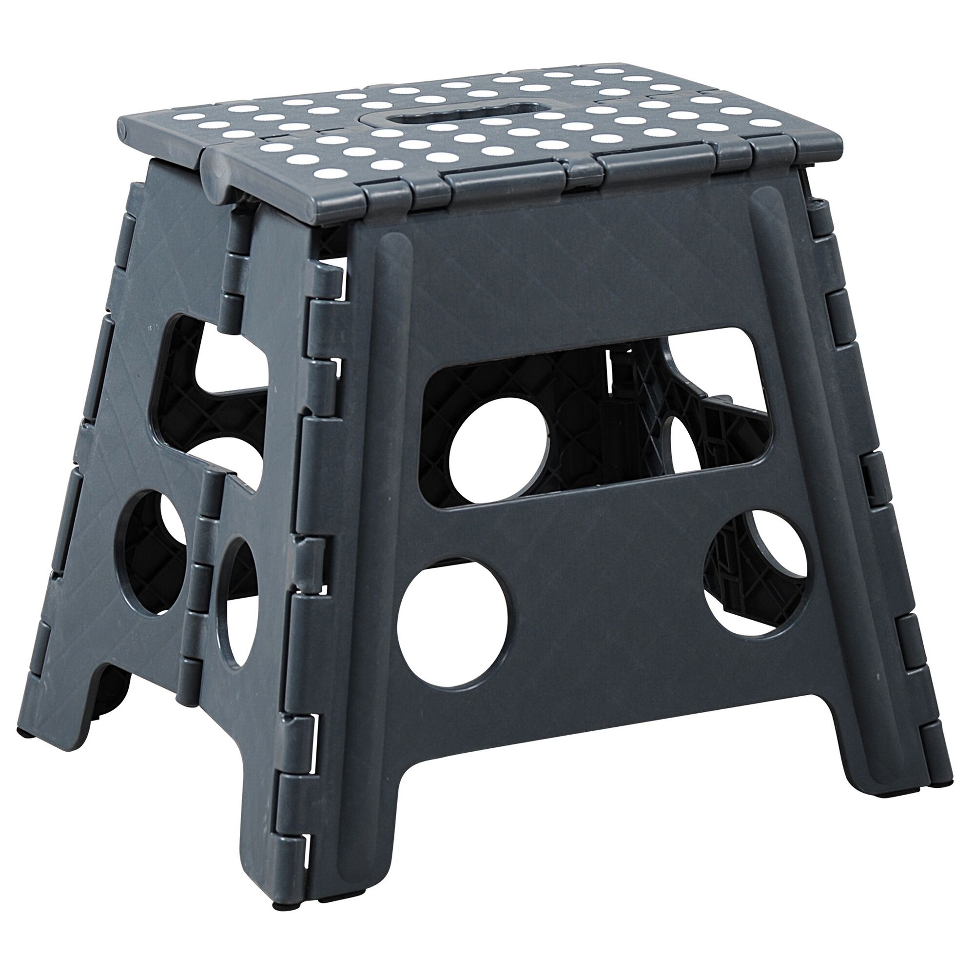 Klappbarer grauer Sitzhocker mit weißen Punkten