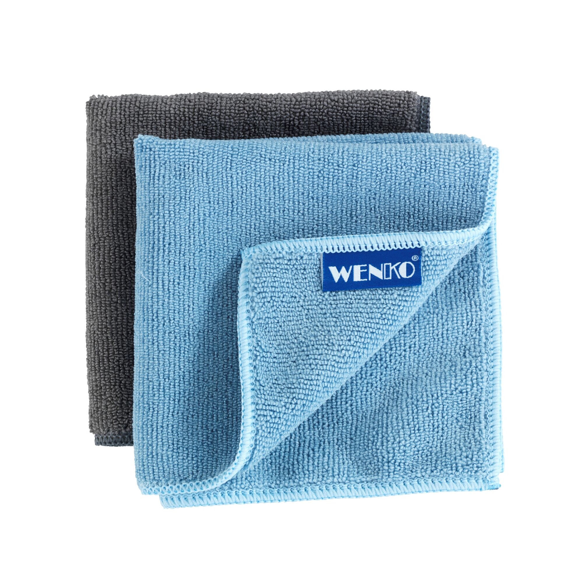 Zwei Mikrofasertücher in blau und grau