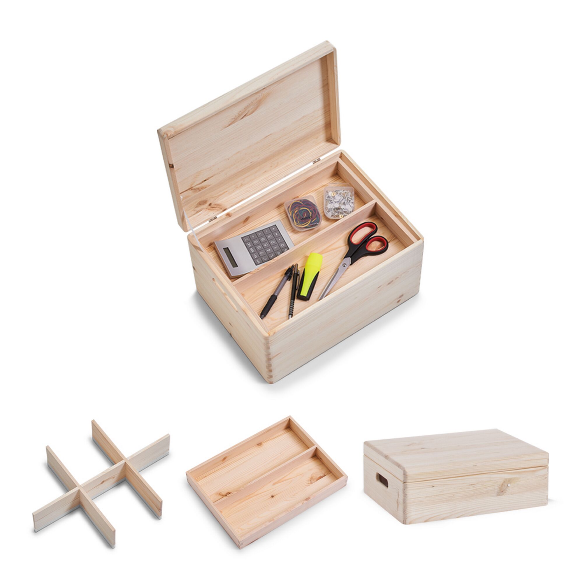 Offene Holzkiste mit Schere, Stiften und mehr