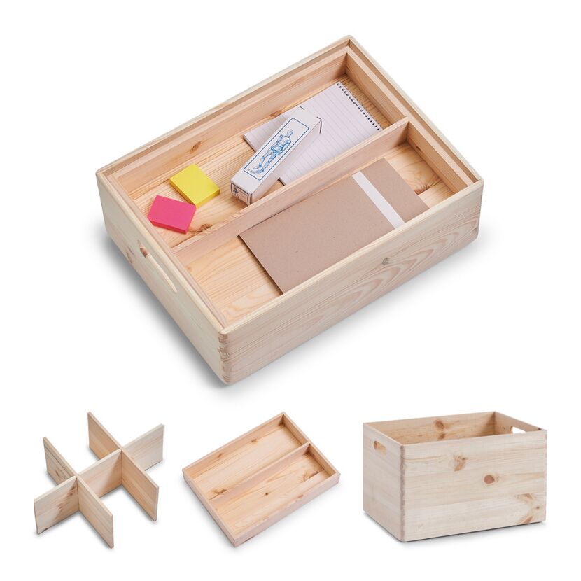 Holzkiste mit Fächern und Griffen