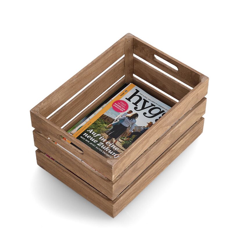 Holzkiste mit Zeitschriften