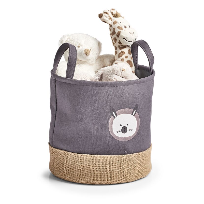 Stoffkorb mit Tiermotiv und Kuscheltieren