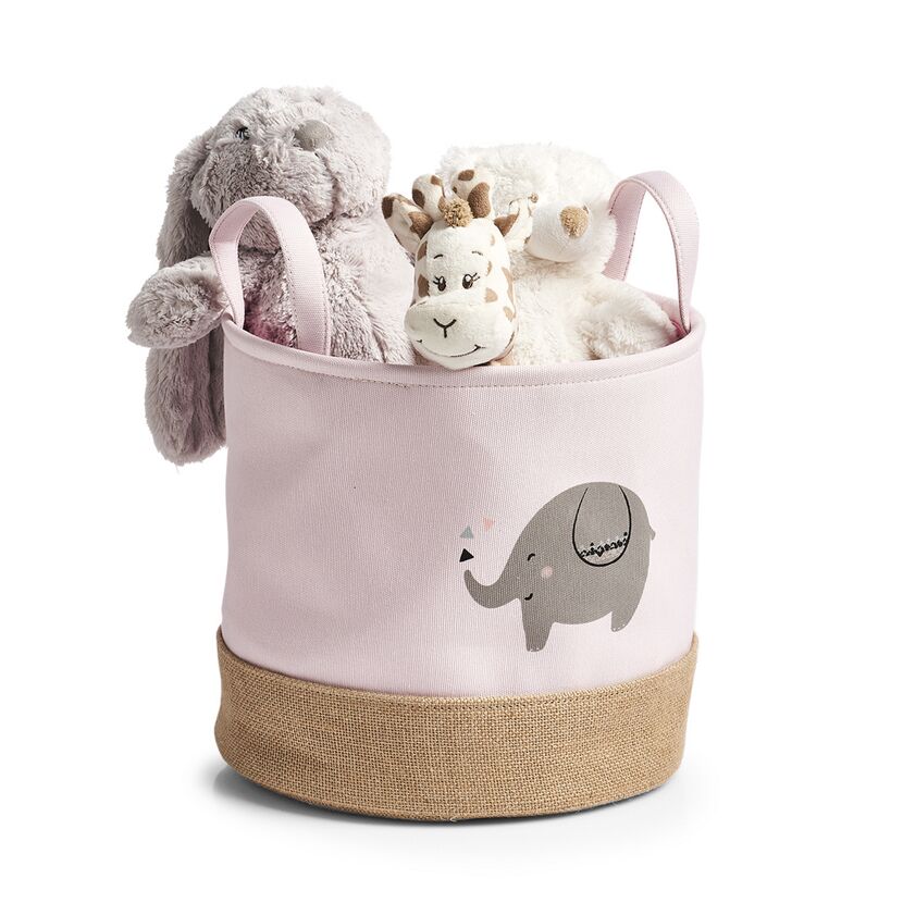 Rosa Stoffkorb mit Kuscheltieren