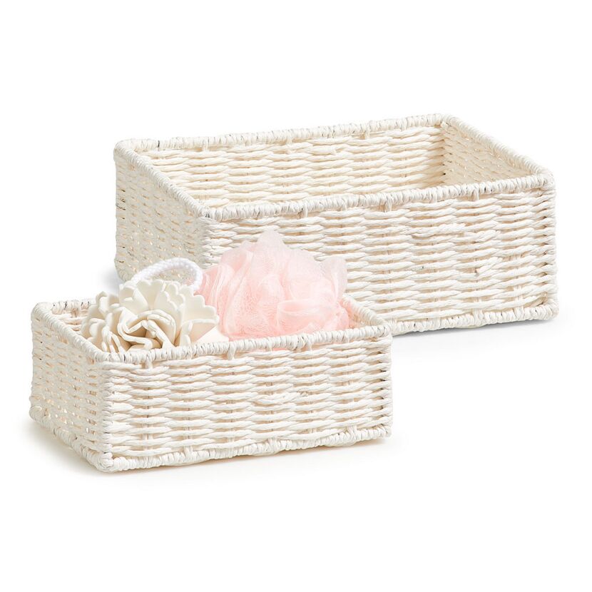 Zwei weiße Aufbewahrungskörbe aus Weide