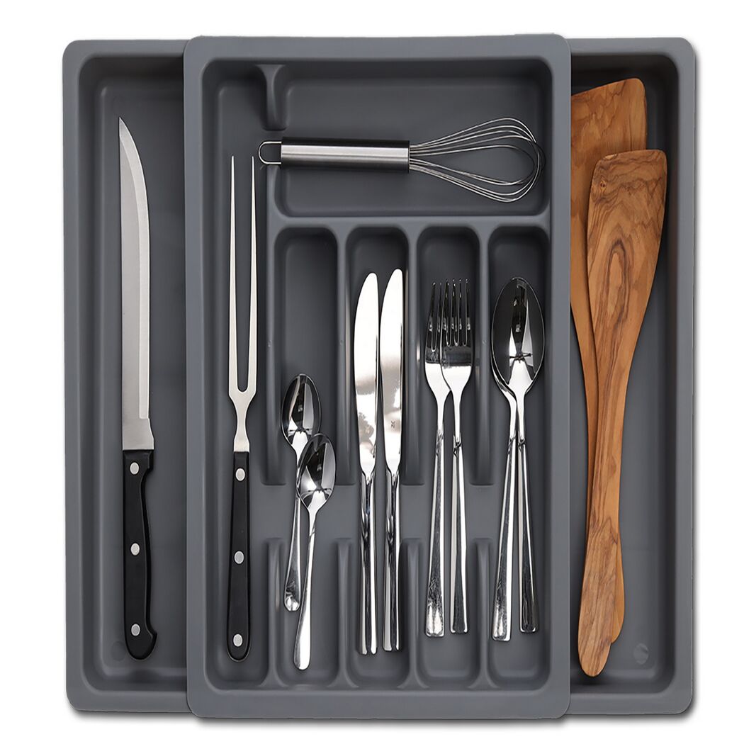 Grauer Besteckkasten mit Besteck