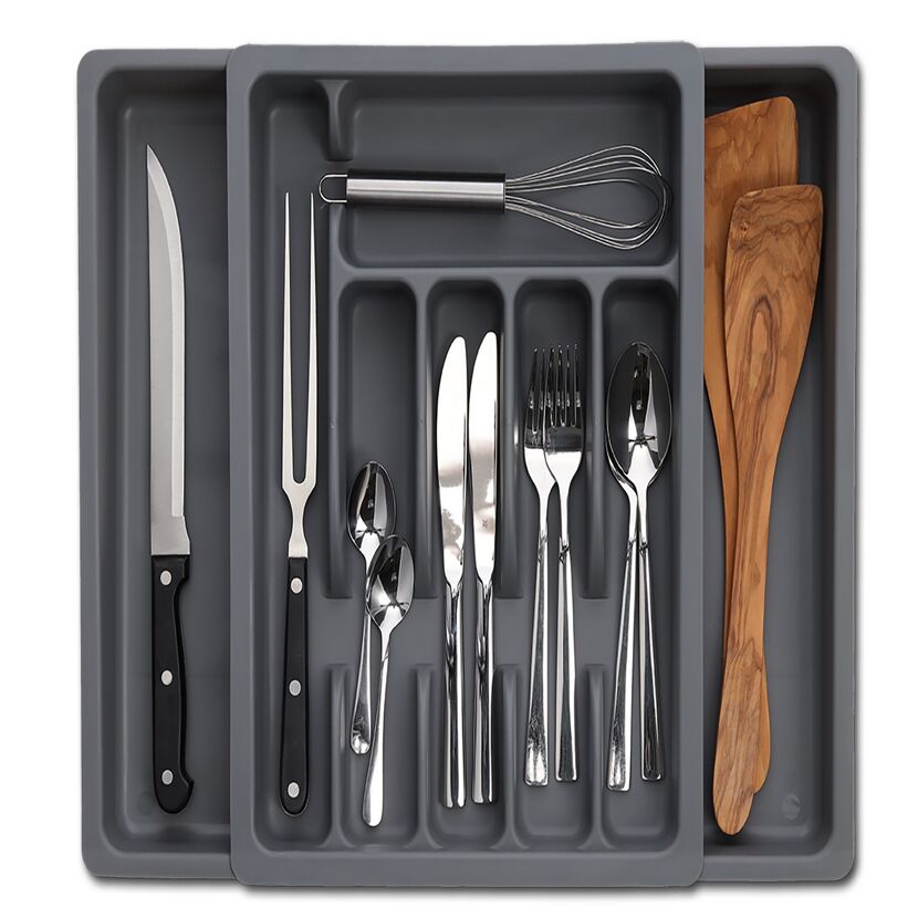 Grauer Besteckkasten mit Besteck