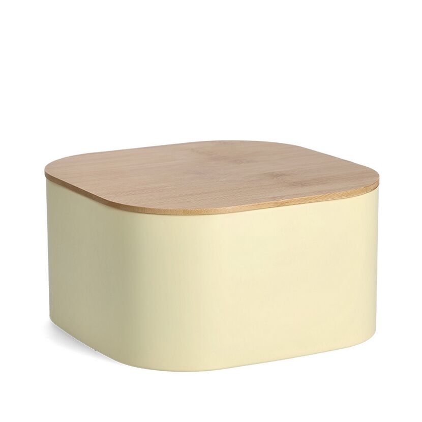 Gelber Brotbehälter mit Holzdeckel