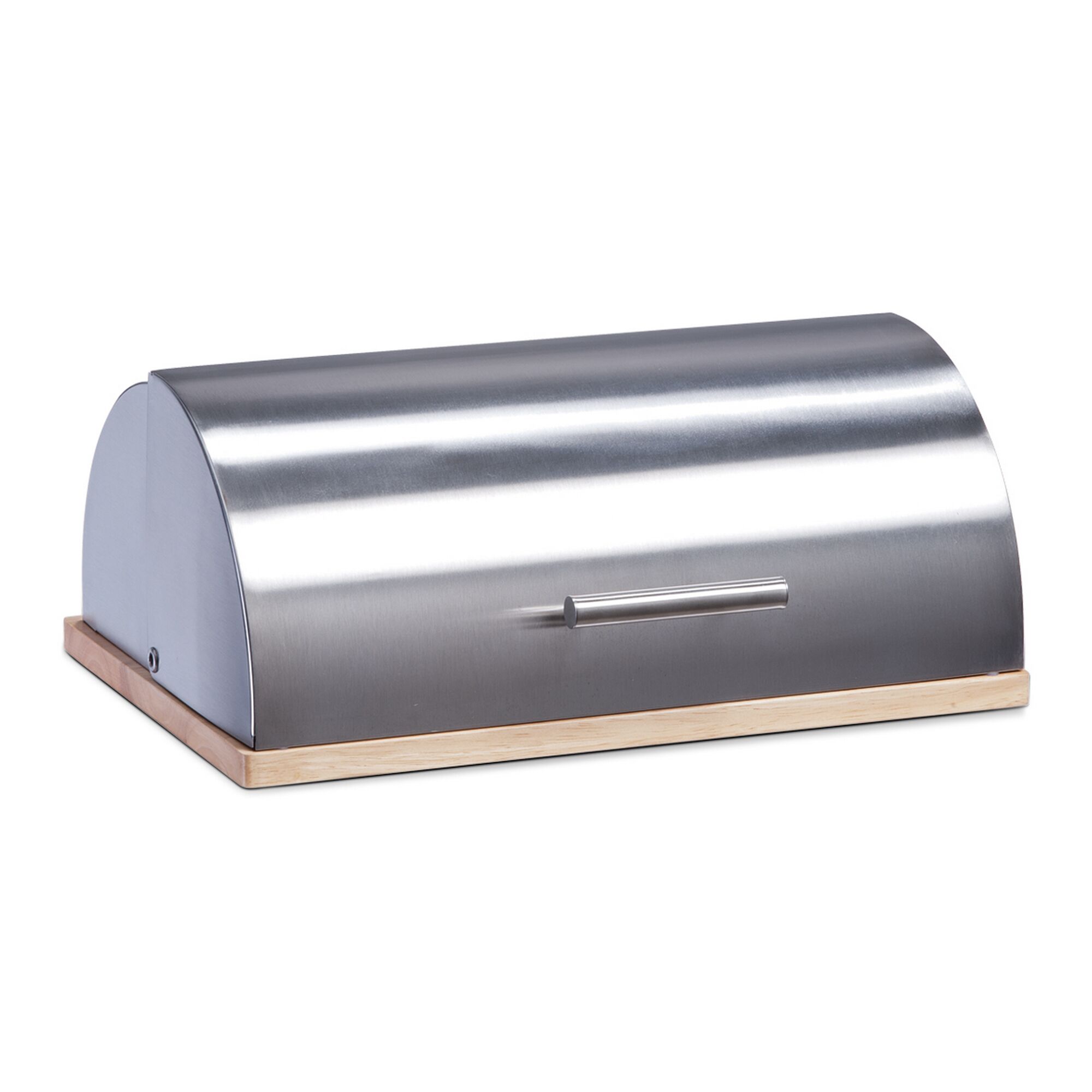 Metallener Brotkasten mit Holzbrett