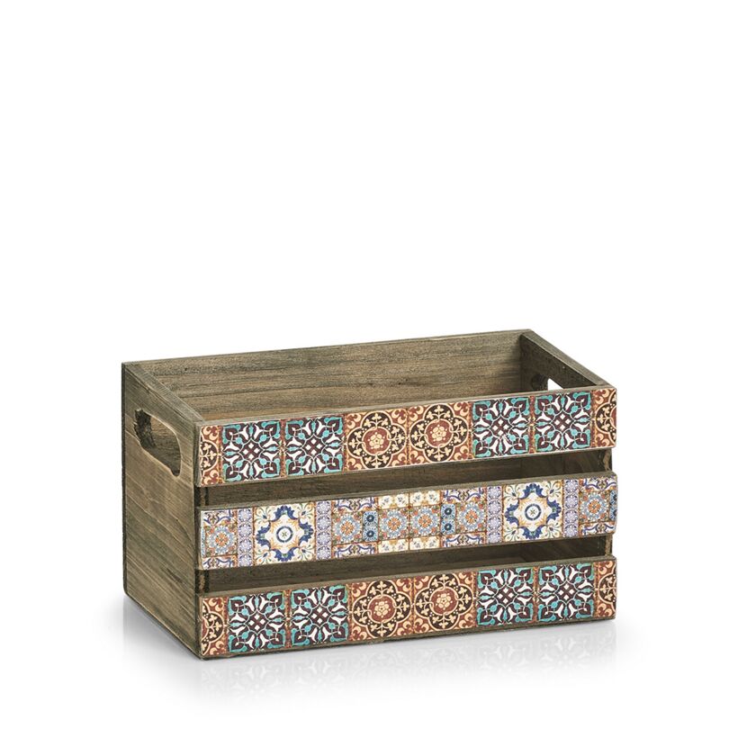 Holzkiste mit buntem Mosaikmuster