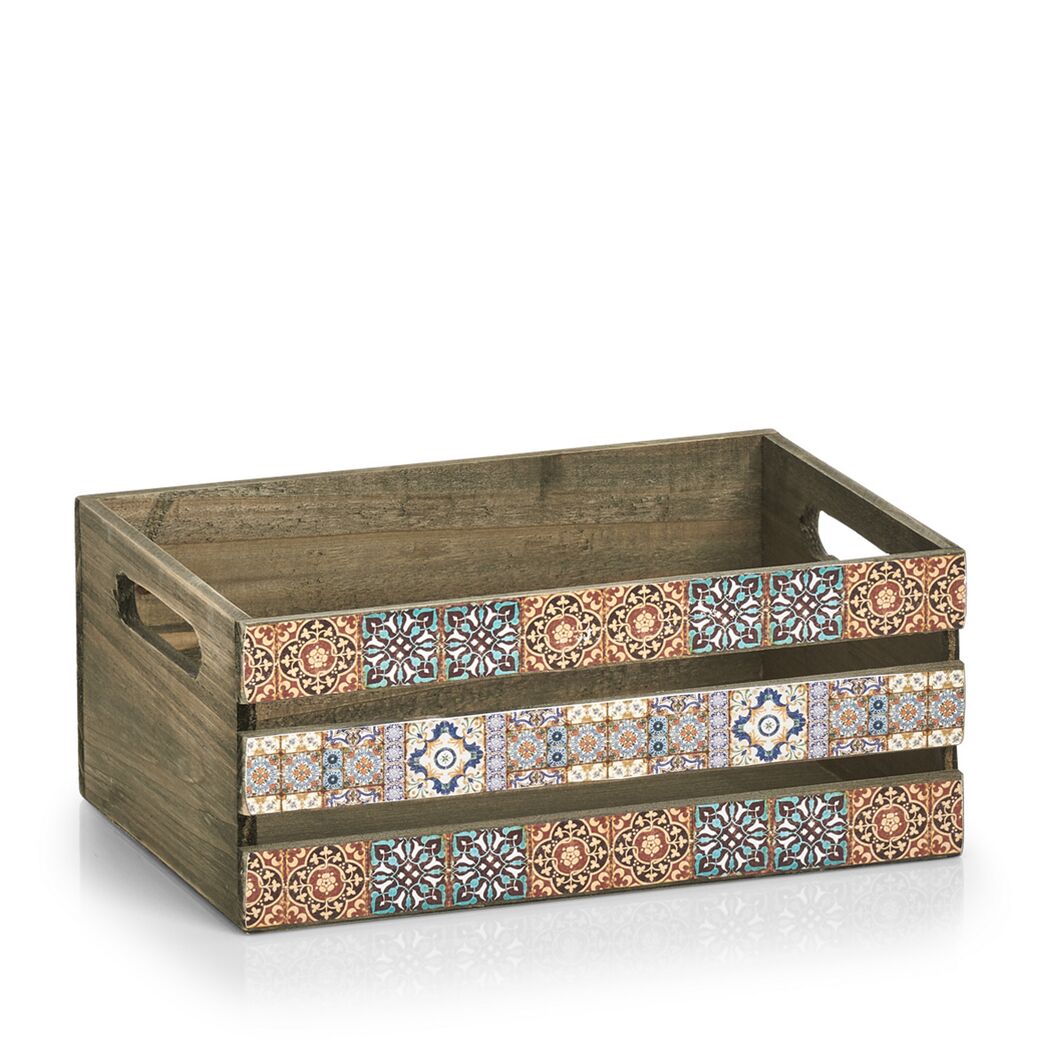 Holzkiste mit buntem Mosaikmuster
