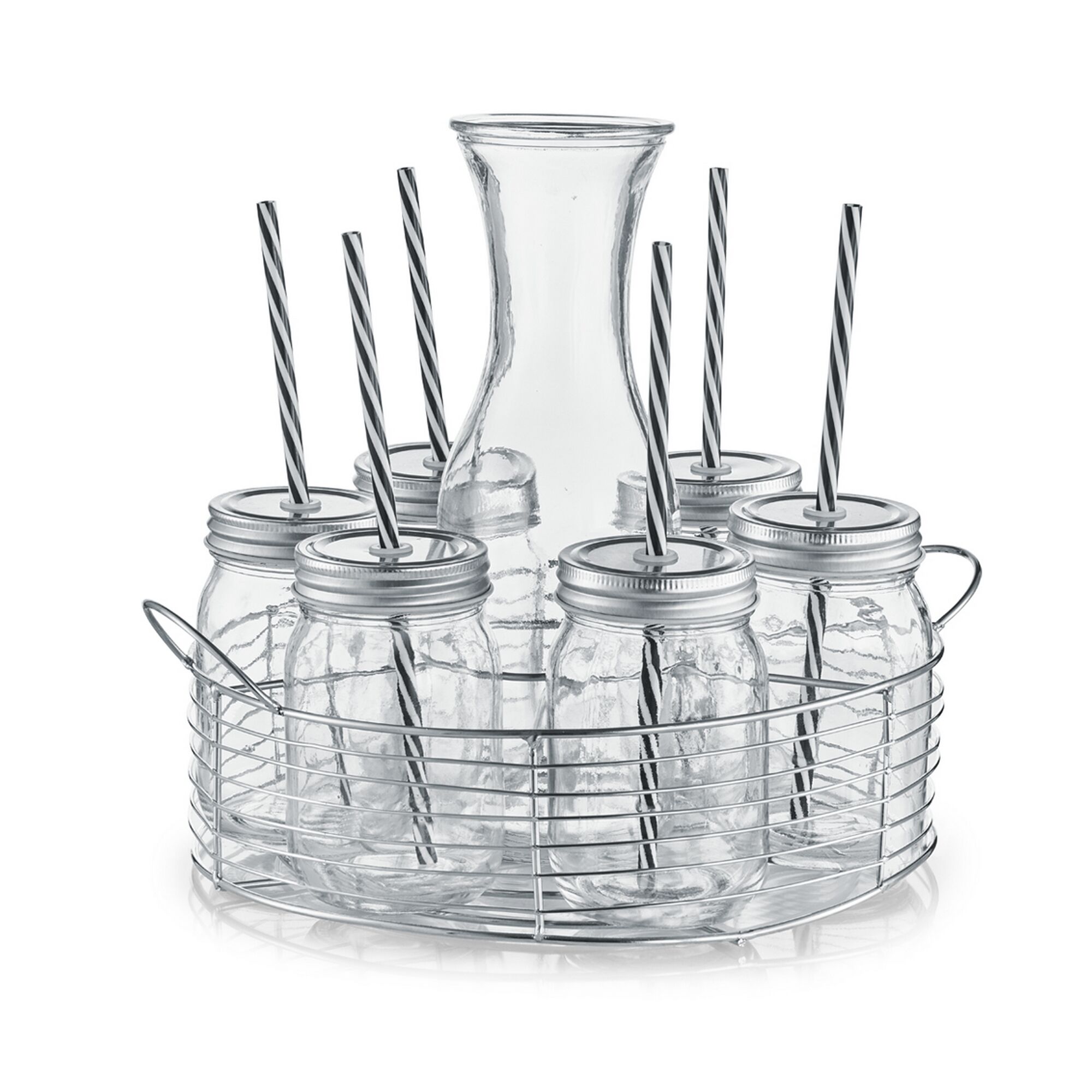 Glaskaraffe und Gläser mit Strohhalmen im Halter