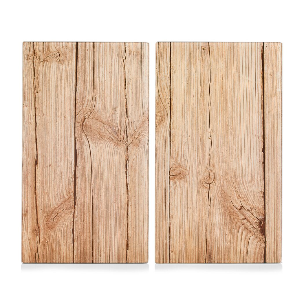 Zwei Schneidebretter aus Glas mit Holzdekor