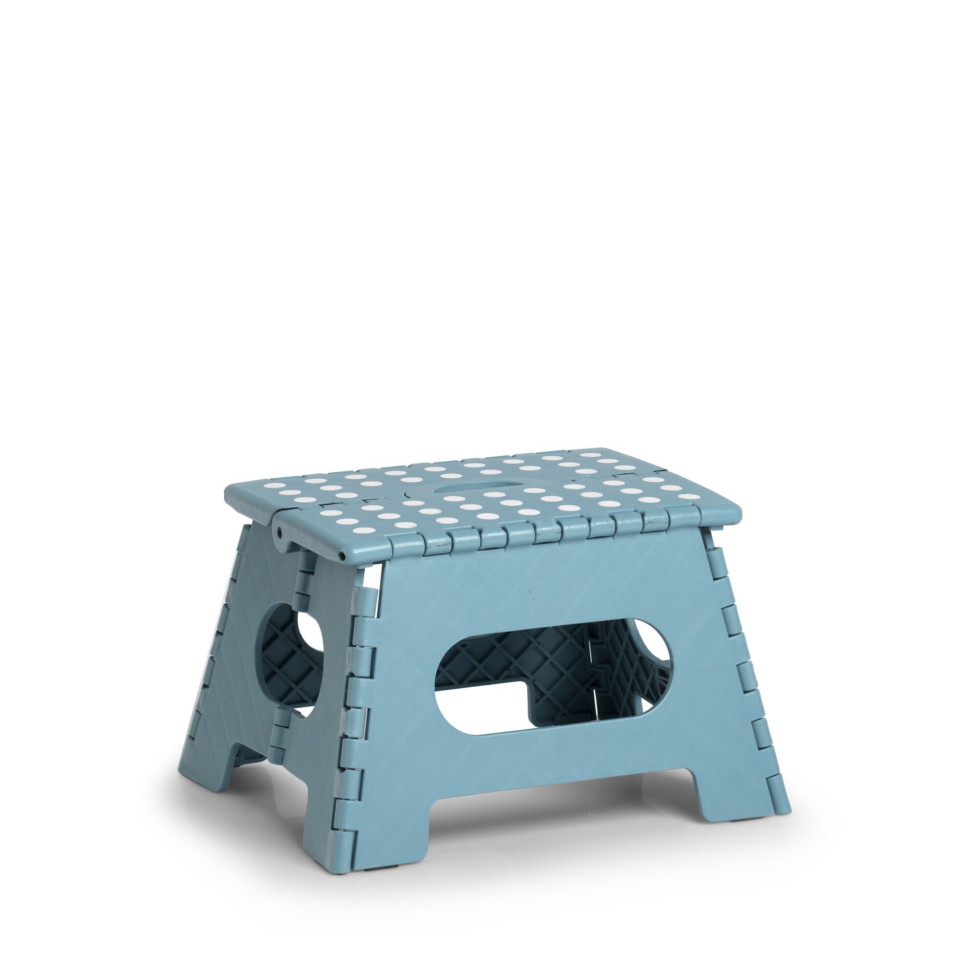 Blauer Klapphocker mit weißen Punkten