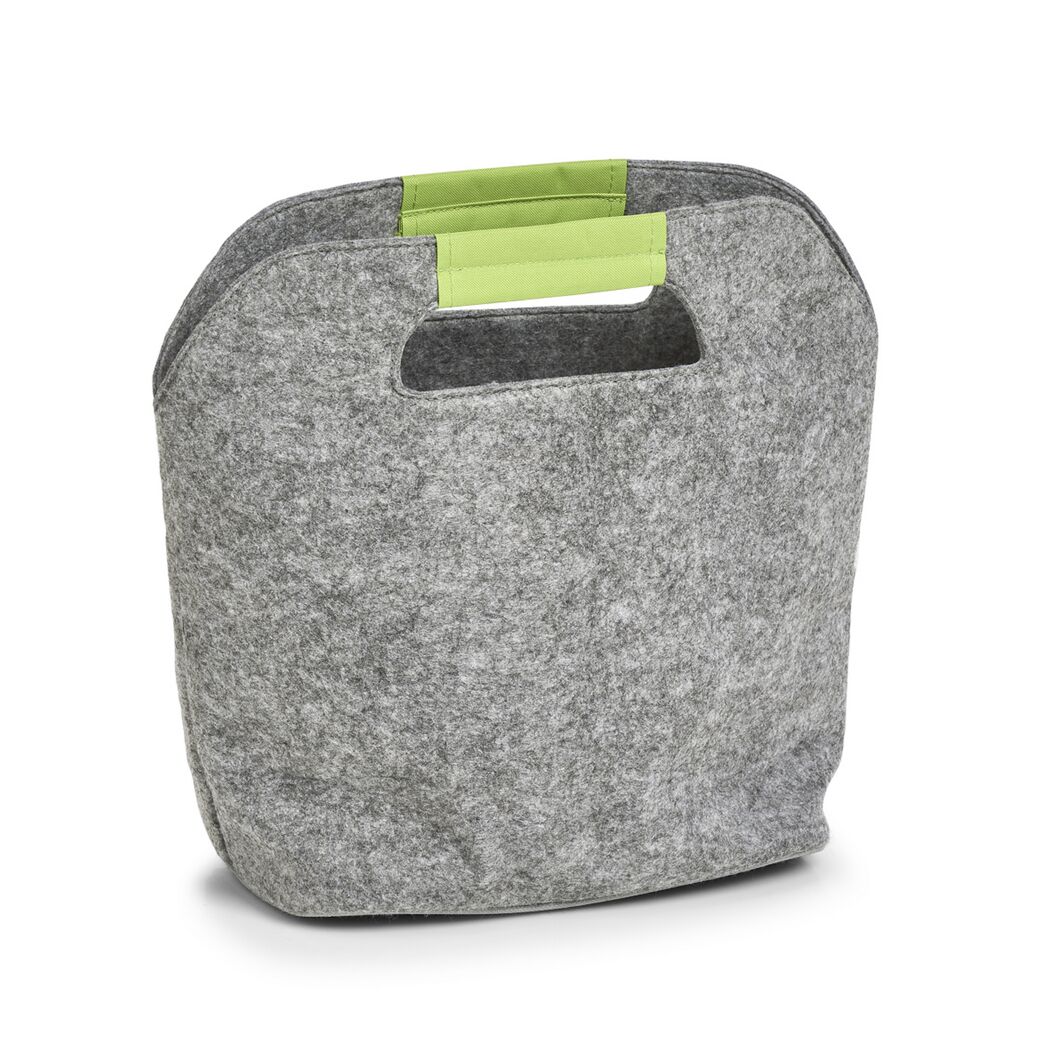 Graue Filztasche mit grünen Henkeln