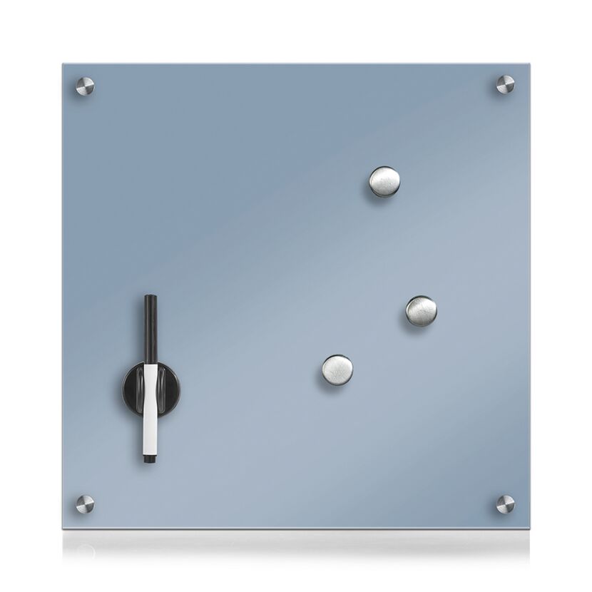 Blaues Glas-Memoboard mit Magneten und Stift