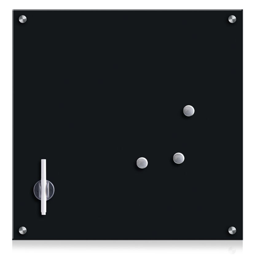Schwarzes Memoboard mit drei Magneten und einem Whiteboardmarker
