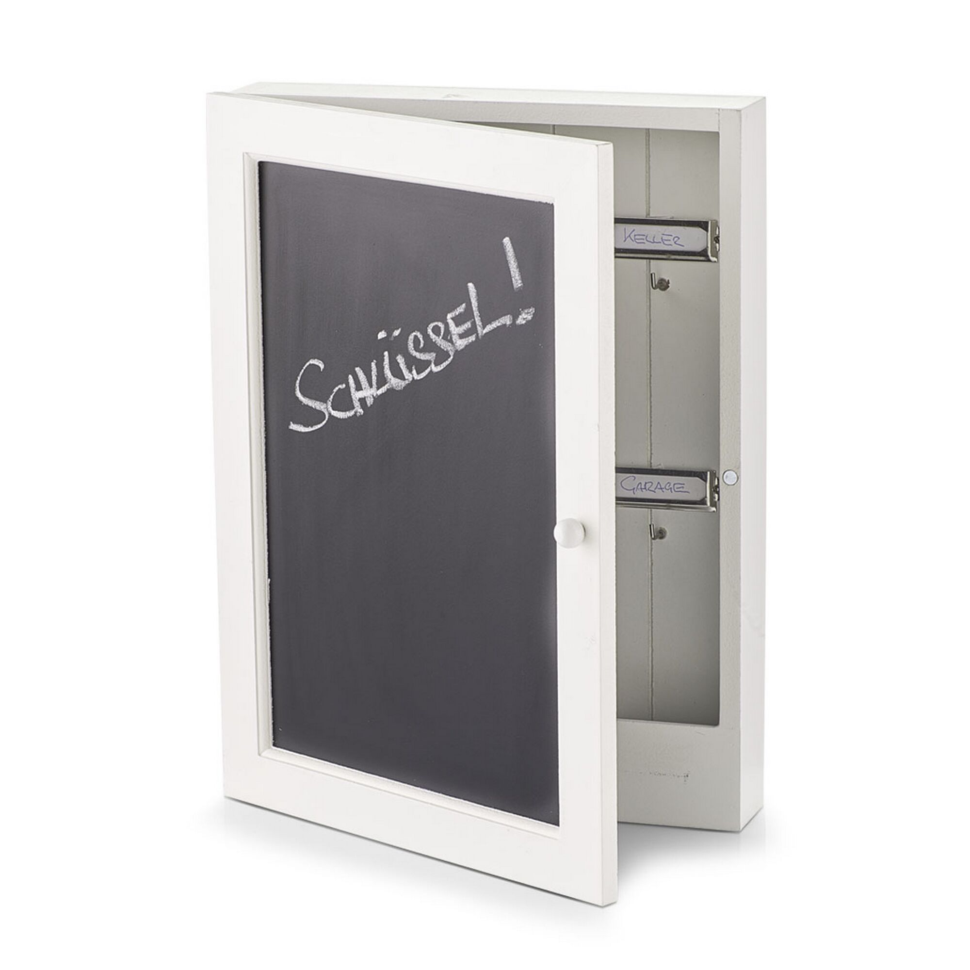 Weißer Schlüsselkasten mit Kreidetafel