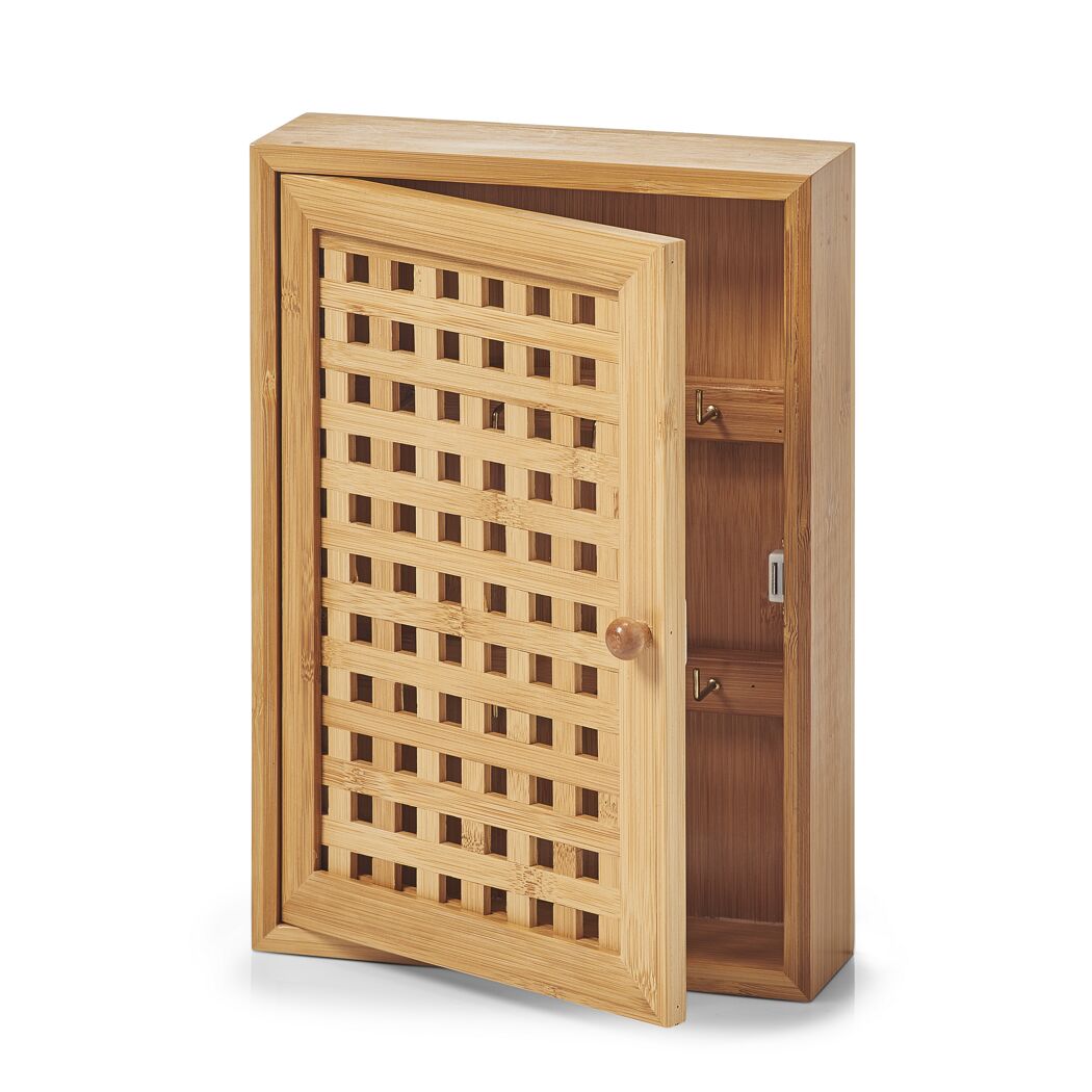 Offener Holzschlüsselkasten mit Haken.