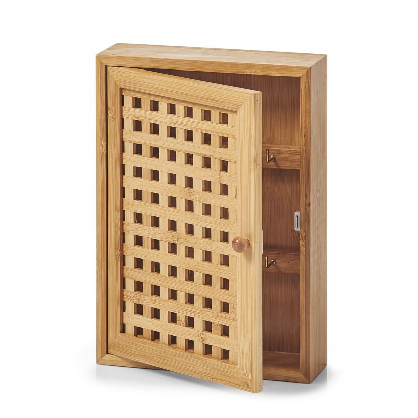 Offener Holzschlüsselkasten mit Haken.