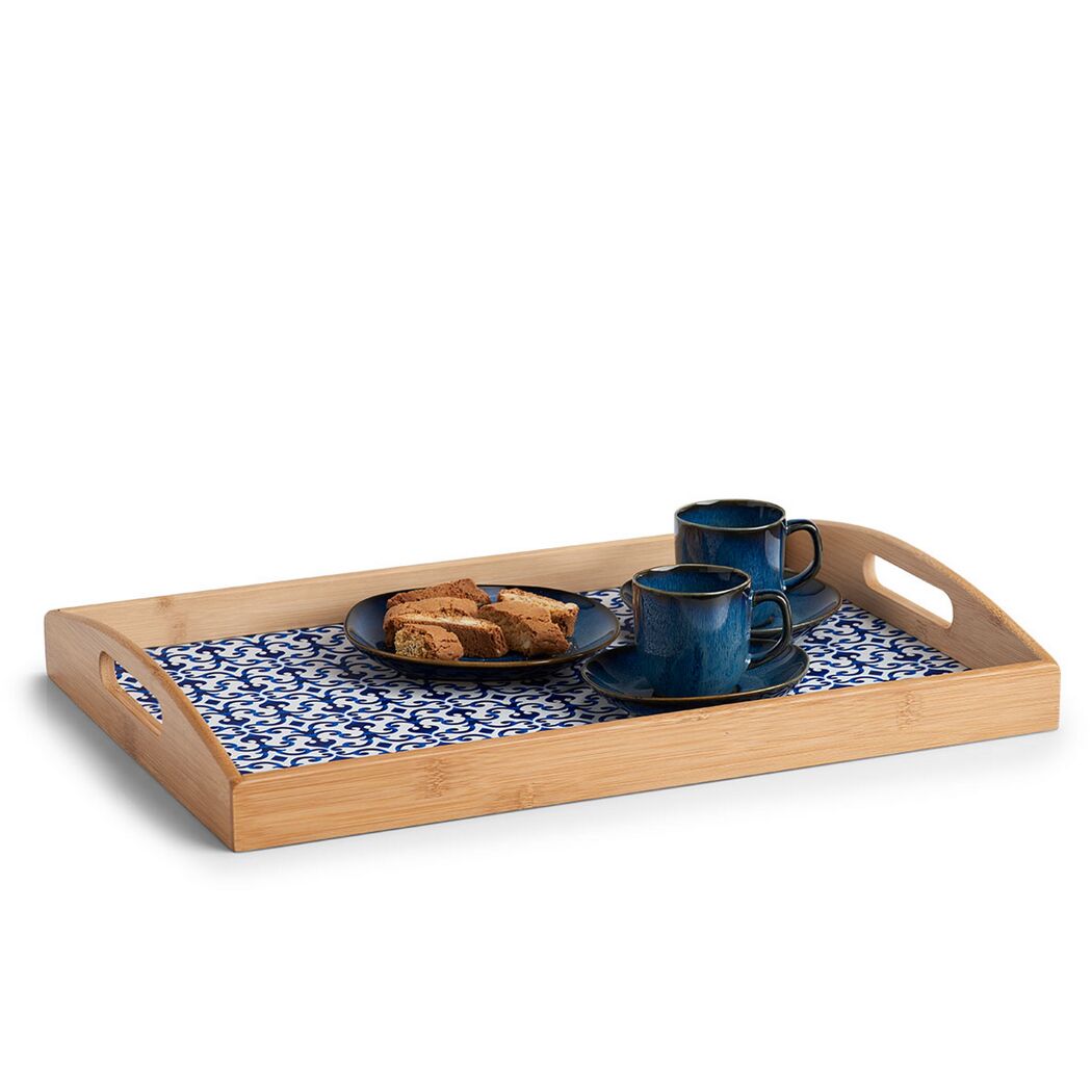 Bambus Serviertablett mit blauem Muster