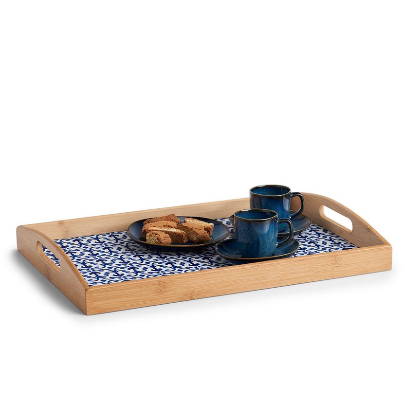 Bambus Serviertablett mit blauem Muster