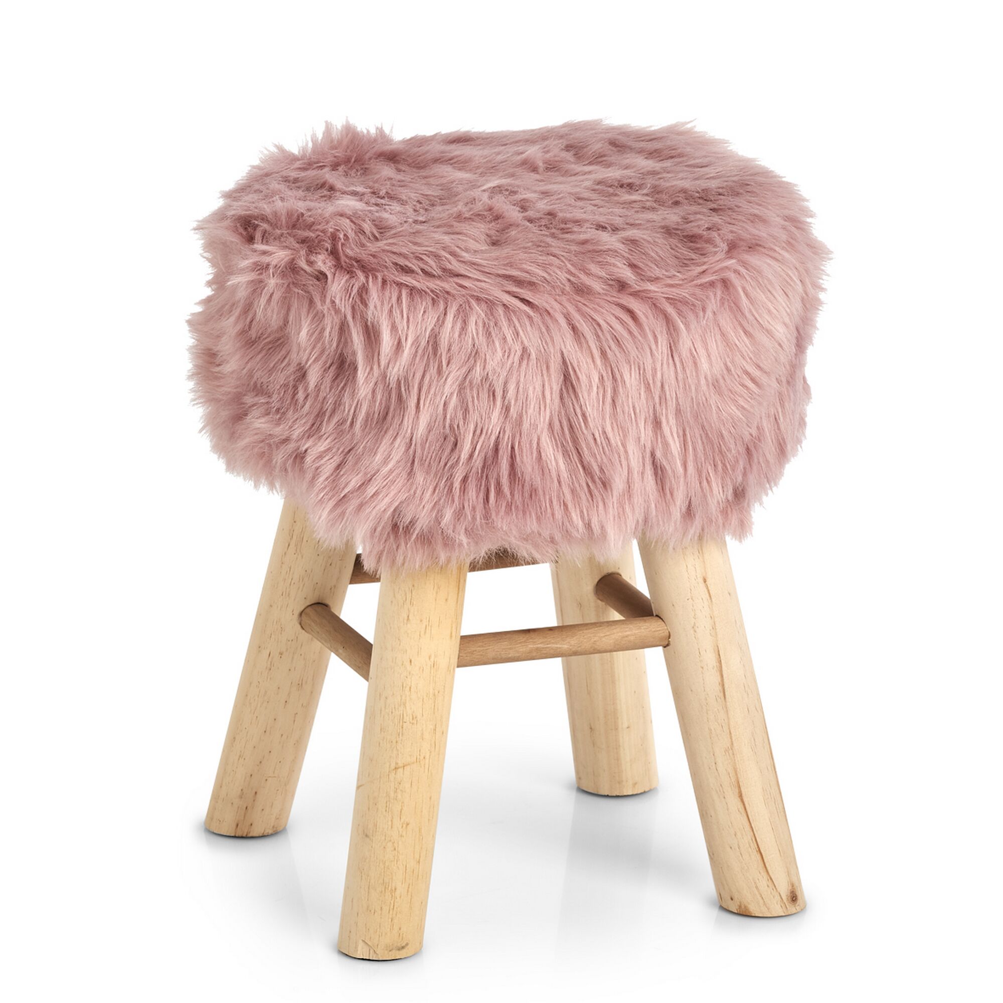 Runder, pinker Hocker mit Holzbeinen