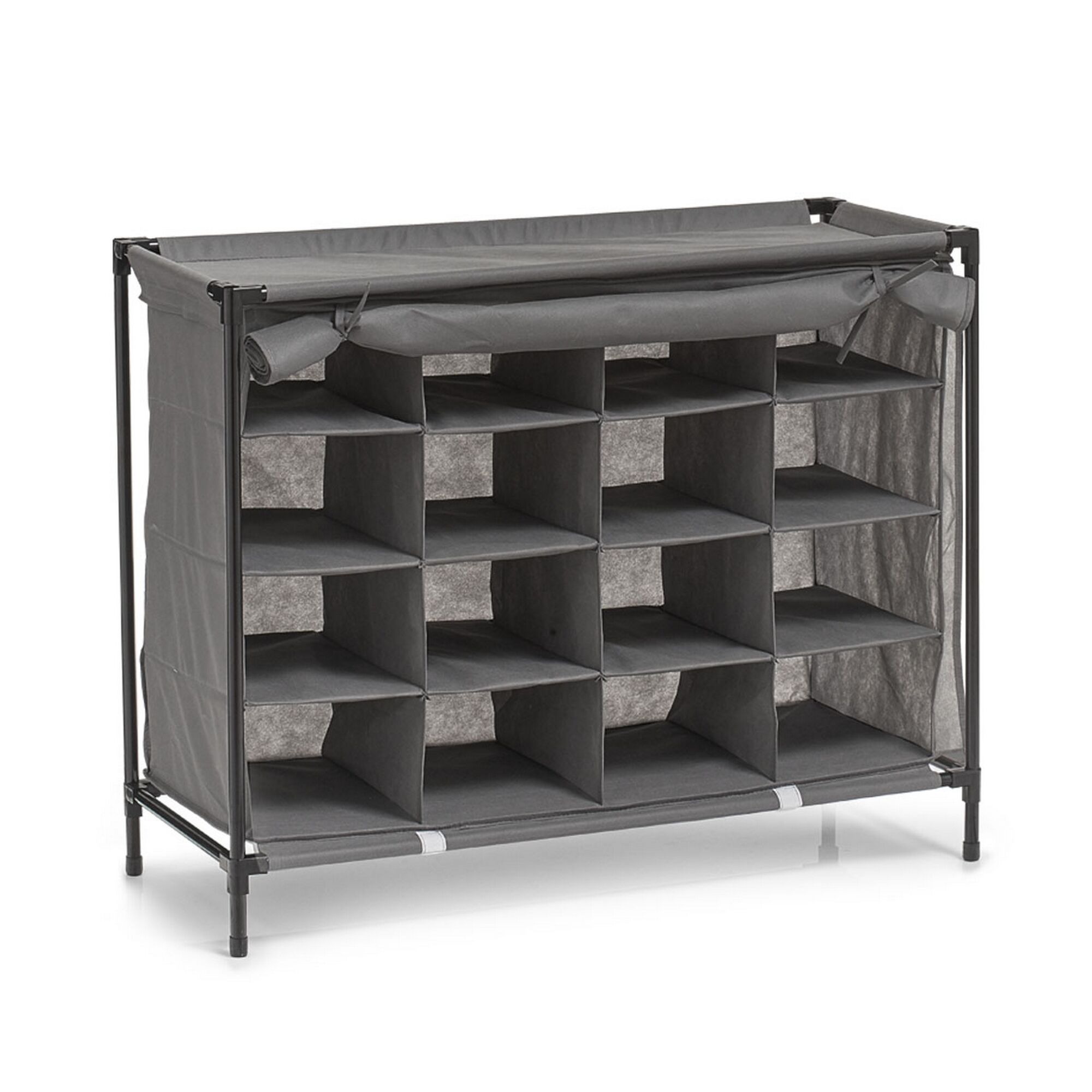 Graues Schuhregal mit vielen Fächern