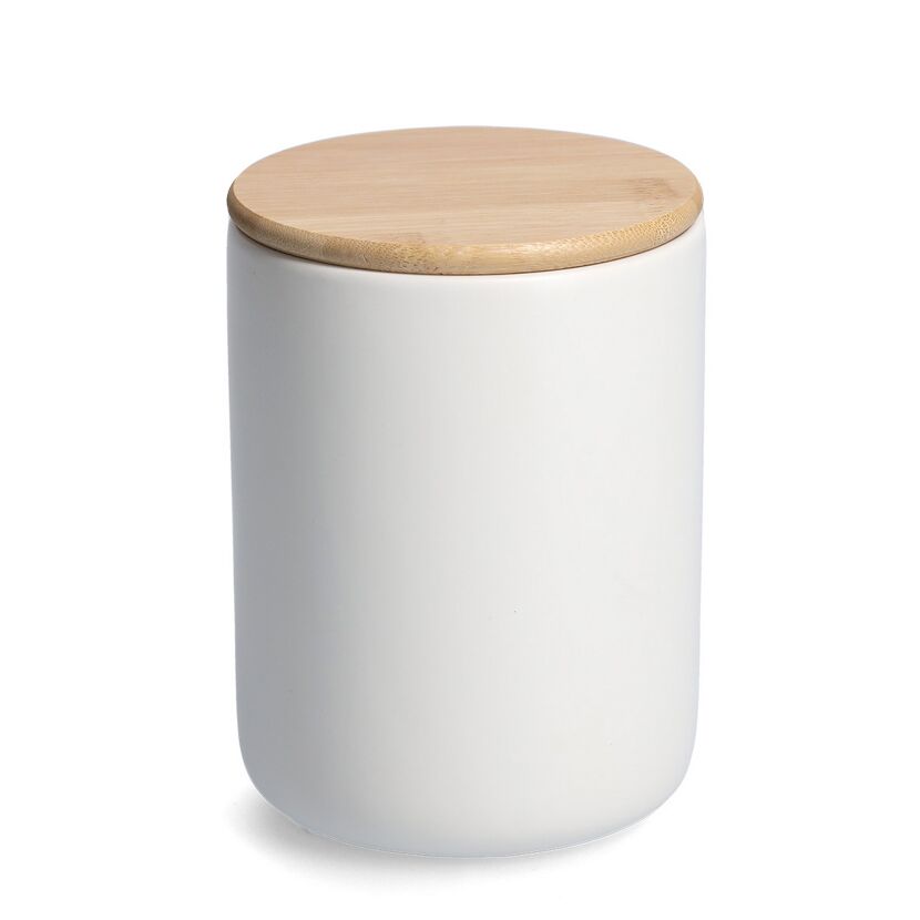 Weiße Vorratsdose mit Holzdeckel
