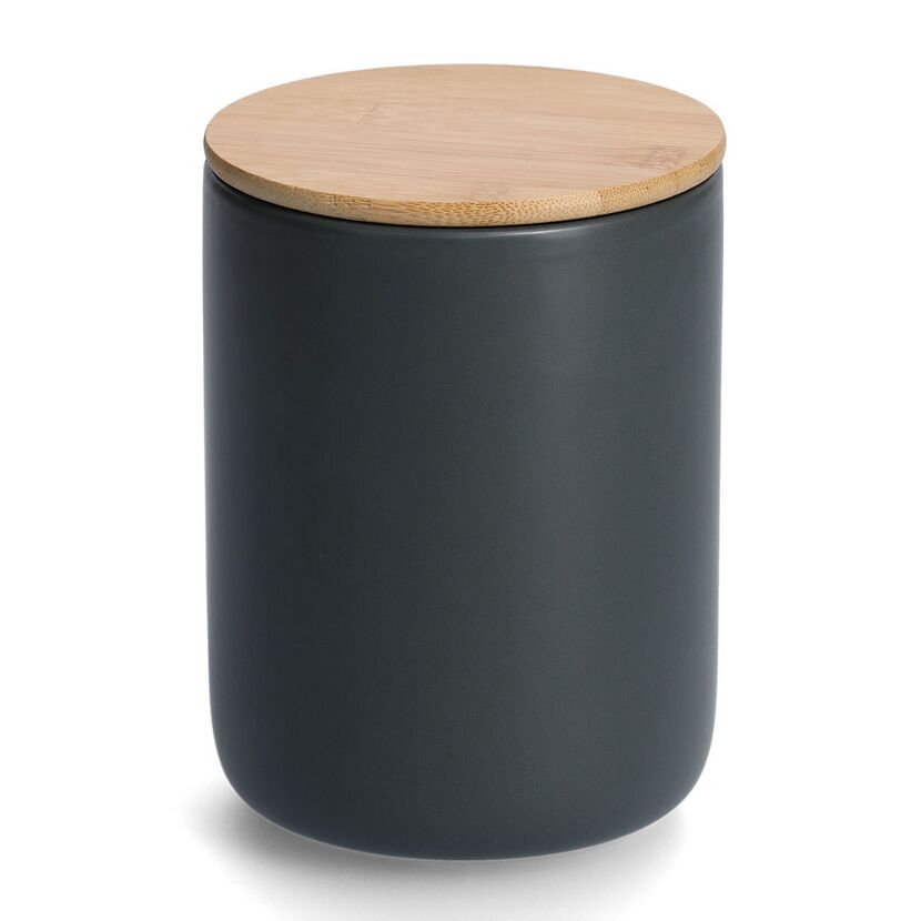 Graue Vorratsdose mit Holzdeckel