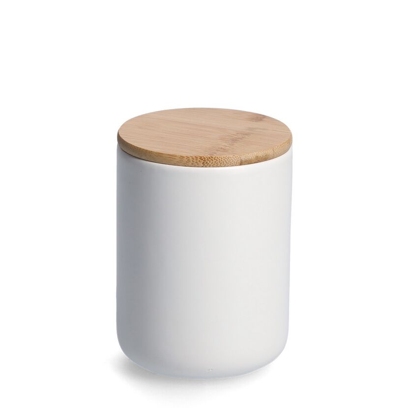 Weiße Vorratsdose mit Holzdeckel