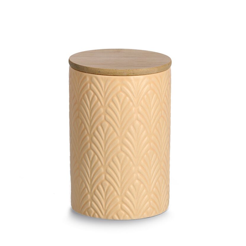 Beiger Keramikbehälter mit Holzdeckel