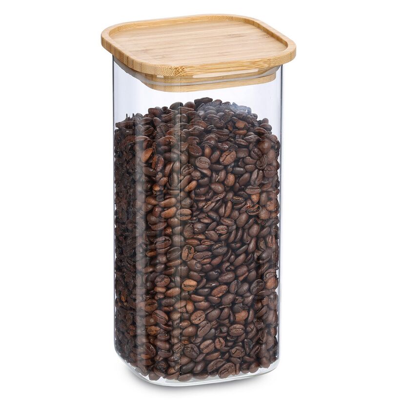 Glasbehälter mit Holzdeckel und Kaffeebohnen