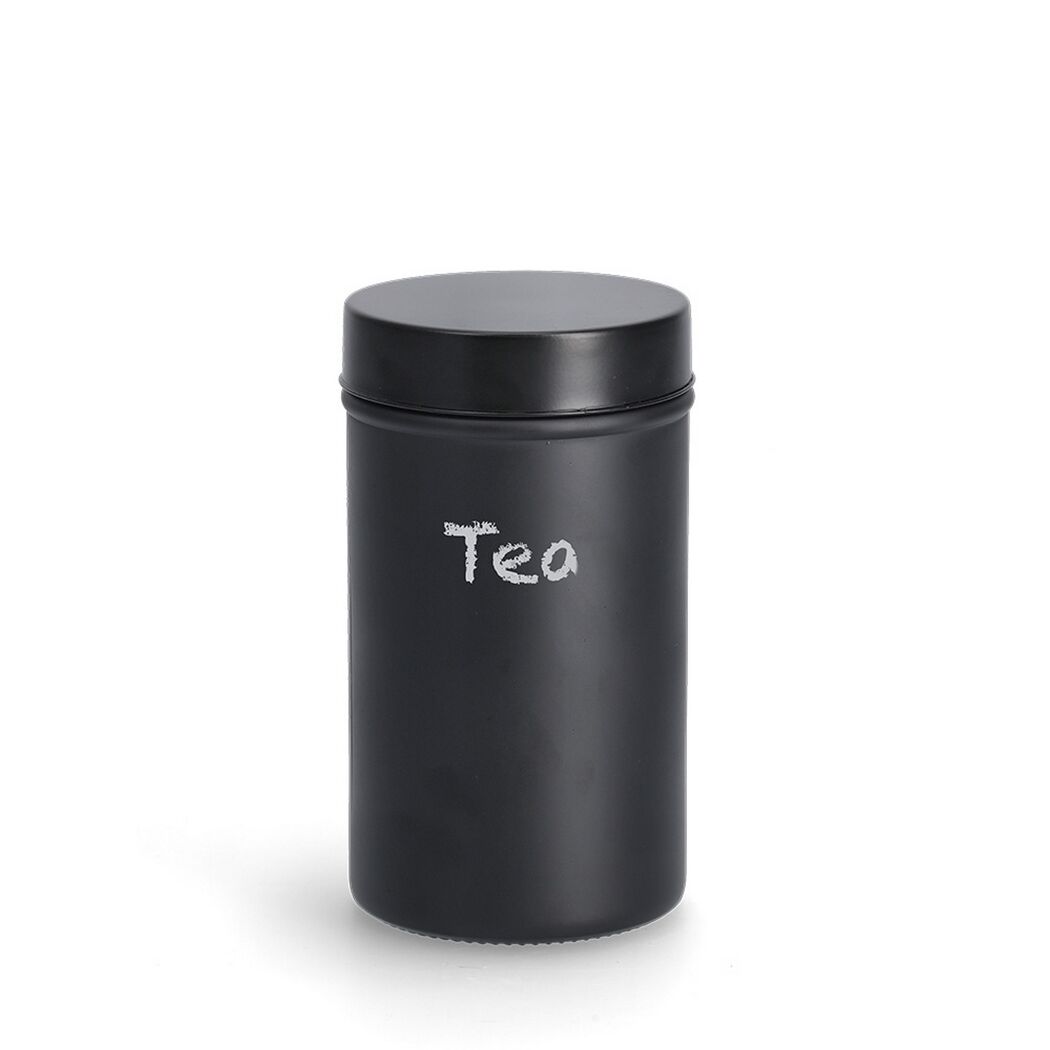 Schwarzes Vorratsglas mit der Aufschrift Tea