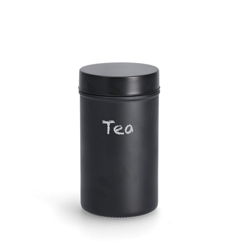 Schwarzes Vorratsglas mit der Aufschrift Tea
