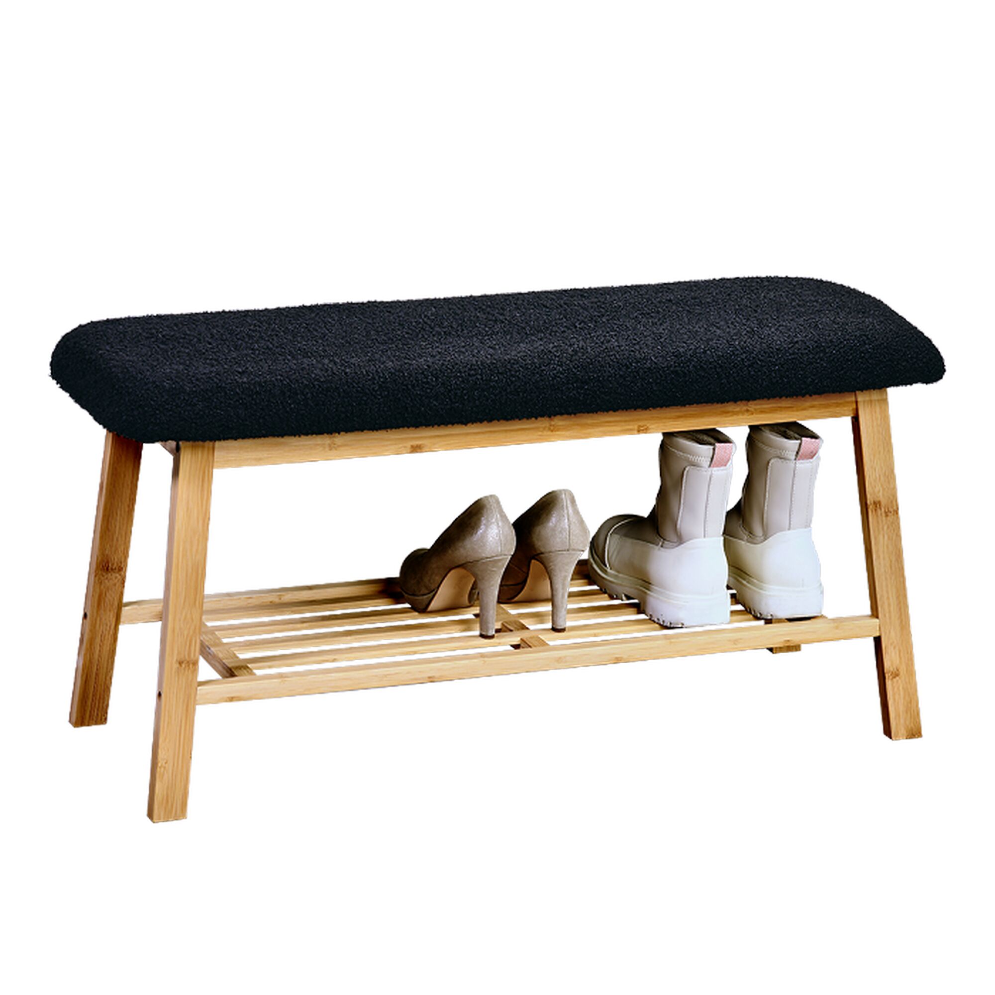 Holzbank mit Schuhregal und Schuhen