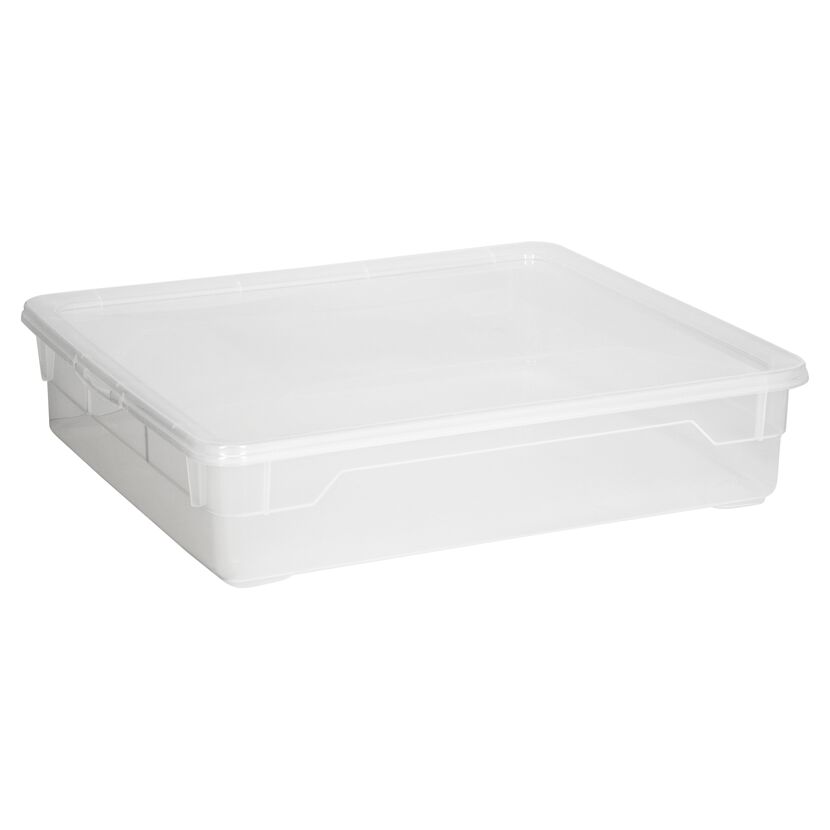 Eine durchsichtige Aufbewahrungsbox mit Deckel.