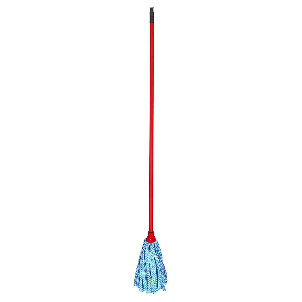 Wischmopp mit blauem Wischkopf und rotem Stiel