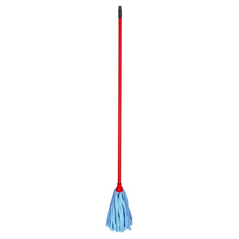 Wischmopp mit blauem Wischkopf und rotem Stiel