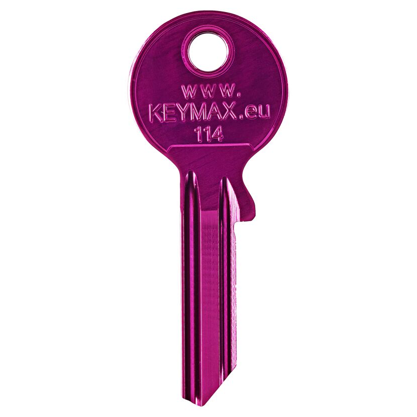 Pinkfarbener Schlüssel mit der Aufschrift www.keymax.eu