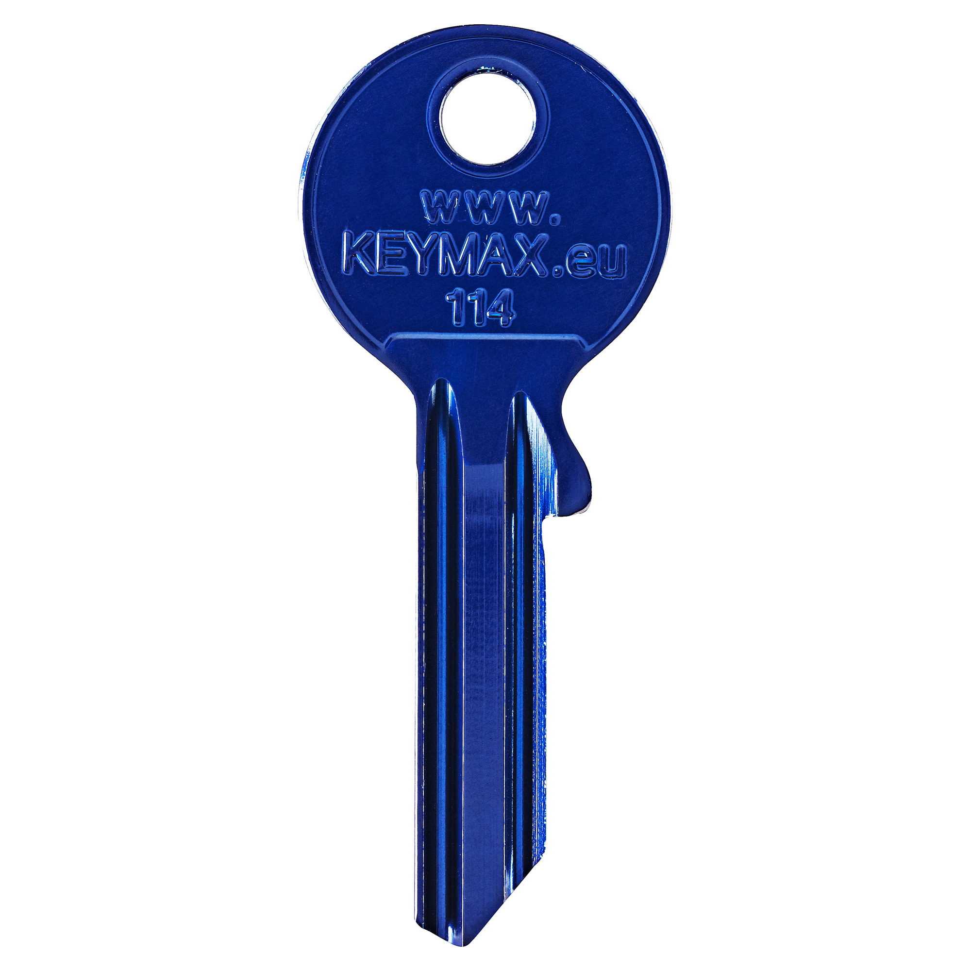 Blauer Schlüssel mit der Aufschrift www.keymax.eu und der Nummer 114.