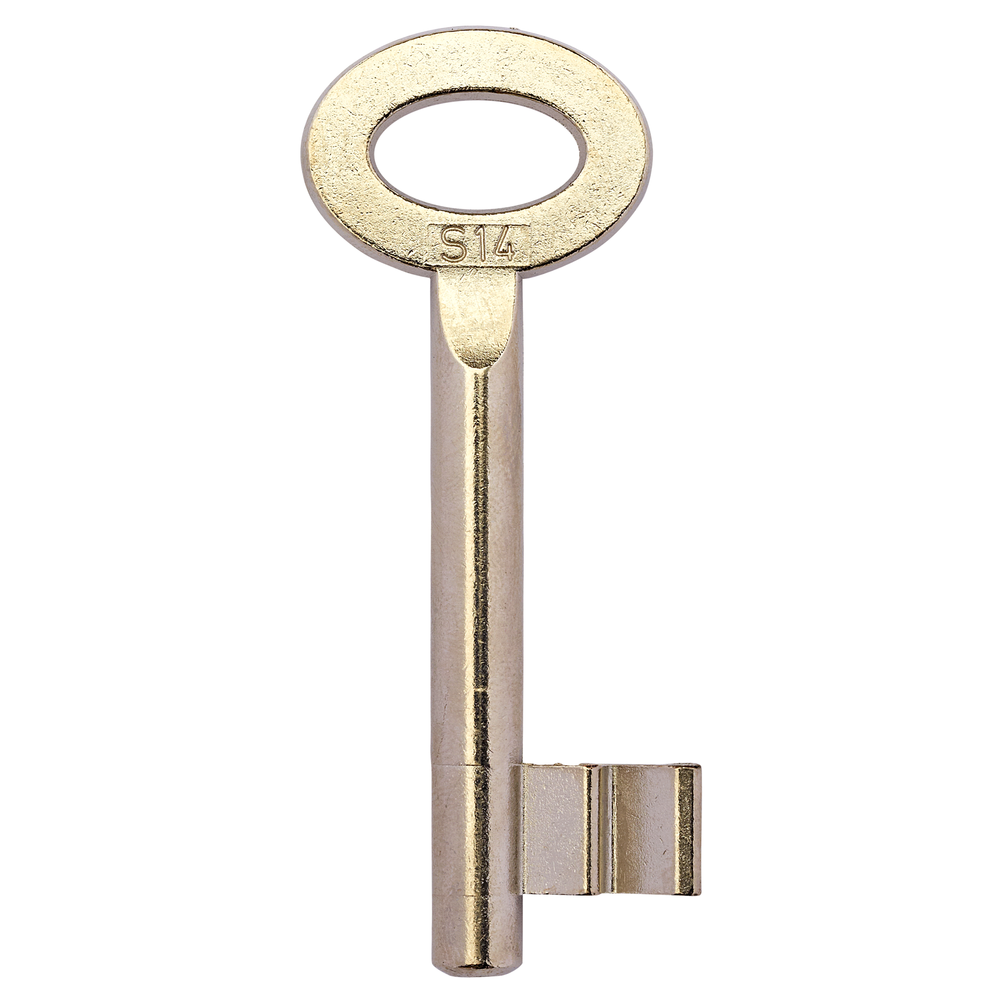 Metallschlüssel mit rundem Kopf und S14 Prägung.