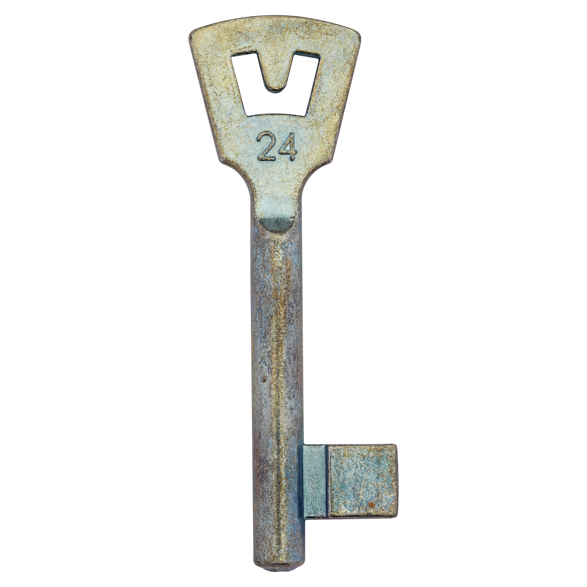 Ein einzelner, veralteter Schlüssel auf weißem Hintergrund.