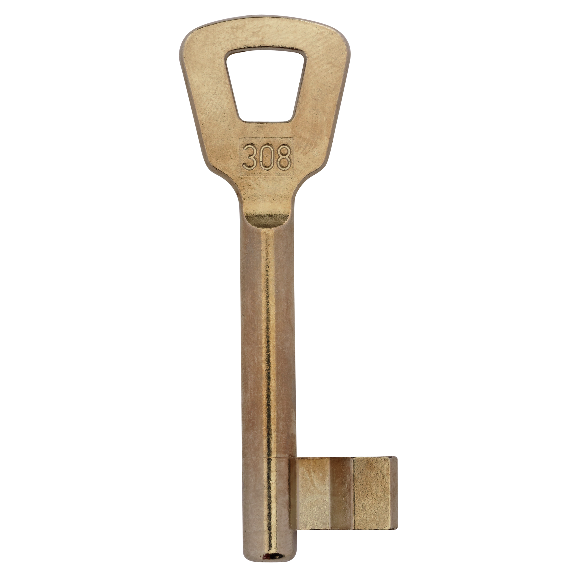 Goldener Kellerschlüssel mit eckigem Kopf und der Nummer 308.