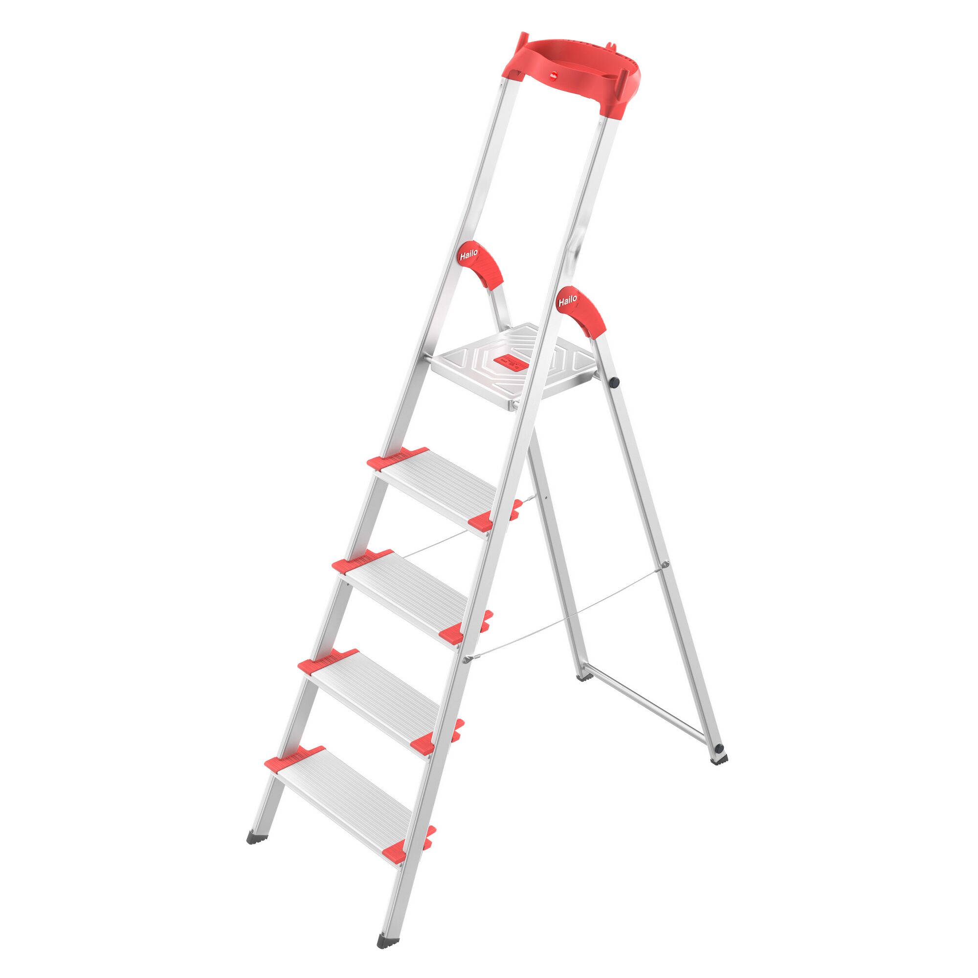 Haushaltsleiter mit fünf Stufen und roter Ablage