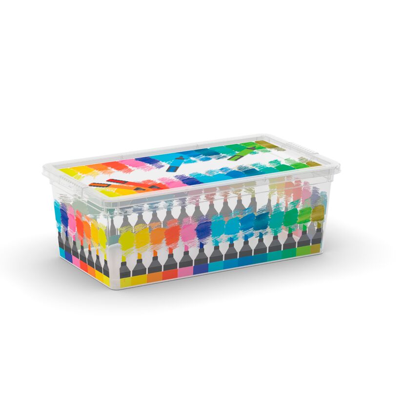 Transparente Box mit bunten Stiften.