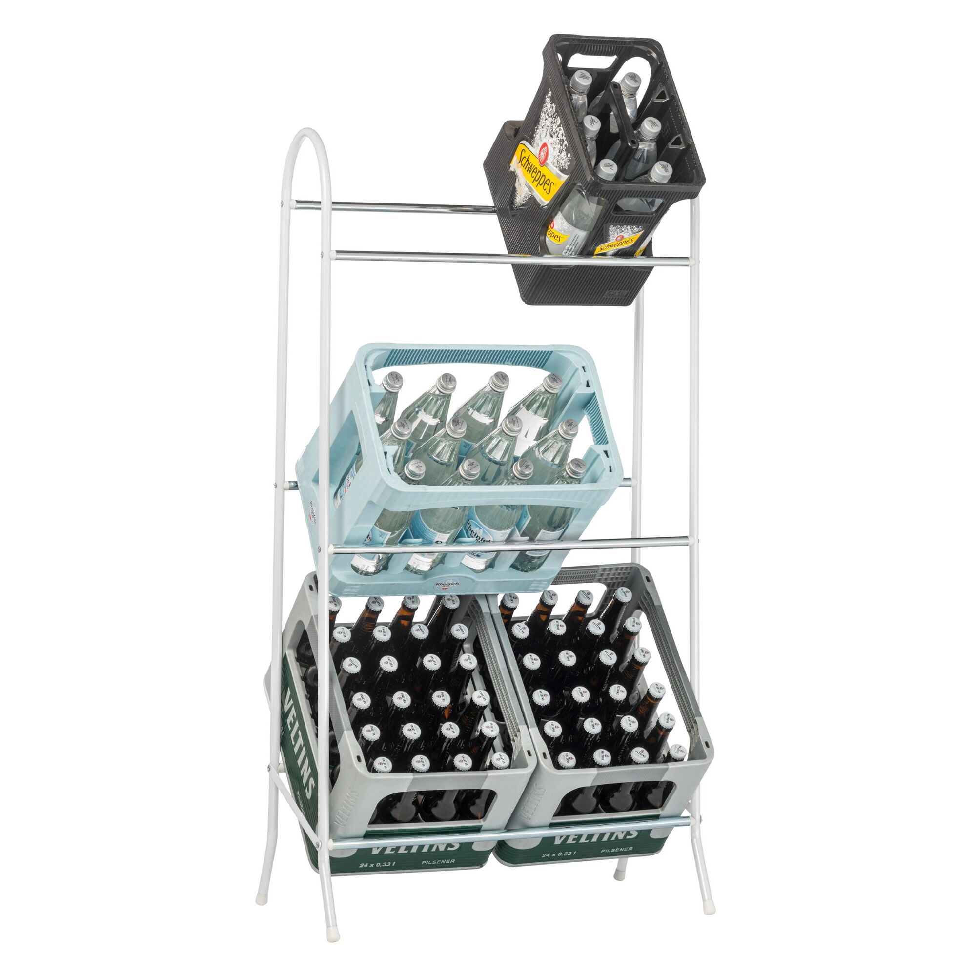 Weißer Getränkekastenständer mit drei Kästen