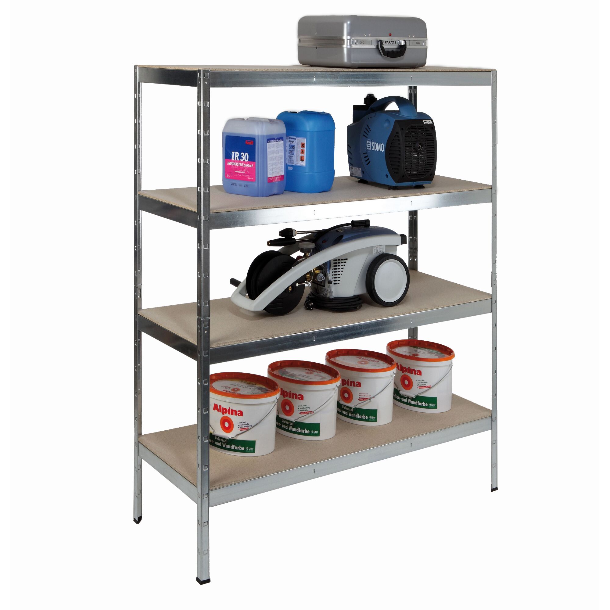 Metallregal mit Farbeimern, Hochdruckreiniger und Generator