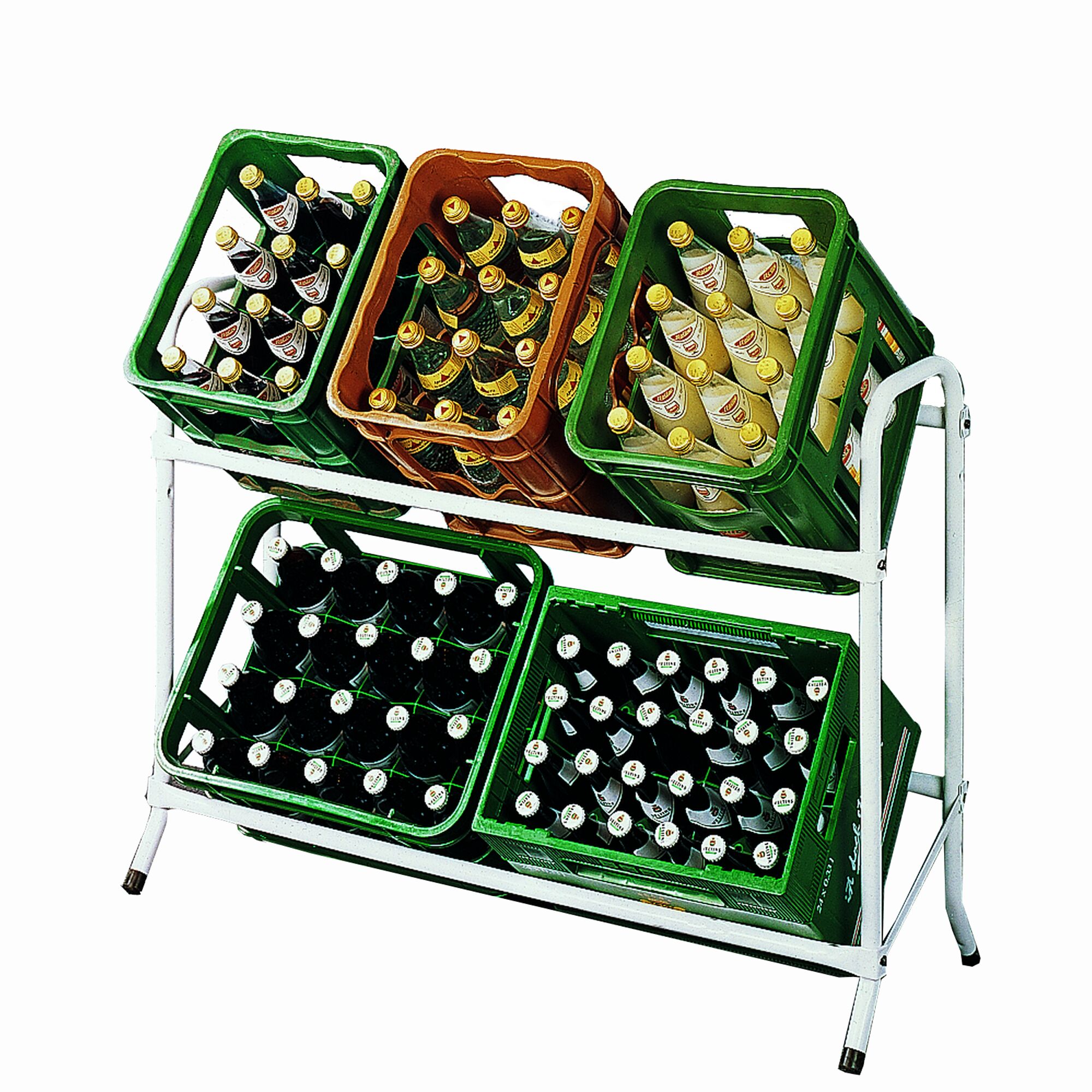 Flaschenkastenständer mit verschiedenen Getränkekästen